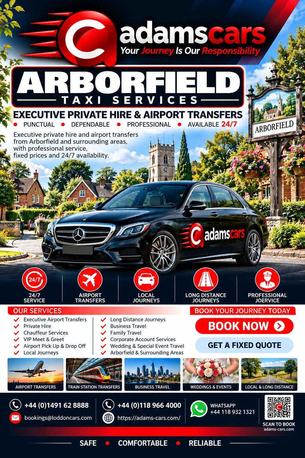 Arborfield taxi service by Adam Cars Taxi Company for local journeys and travel around Berkshire.