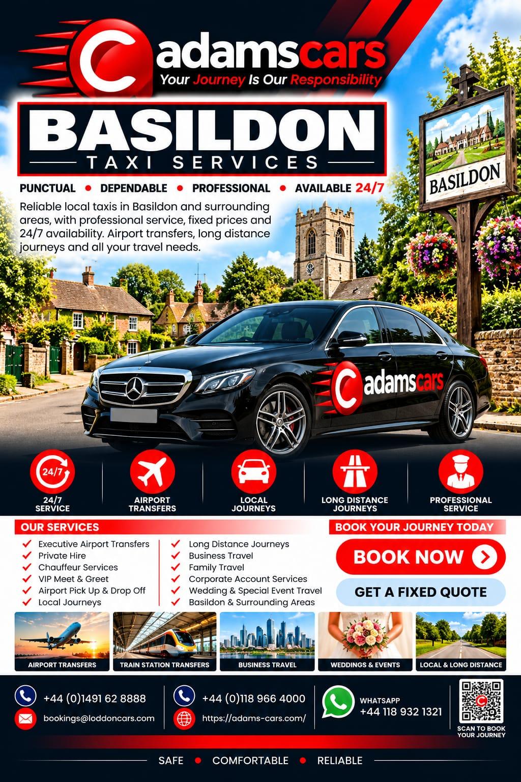 Basildon taxi service by Adam Cars Taxi Company for local journeys and travel to Reading and surrounding West Berkshire areas.