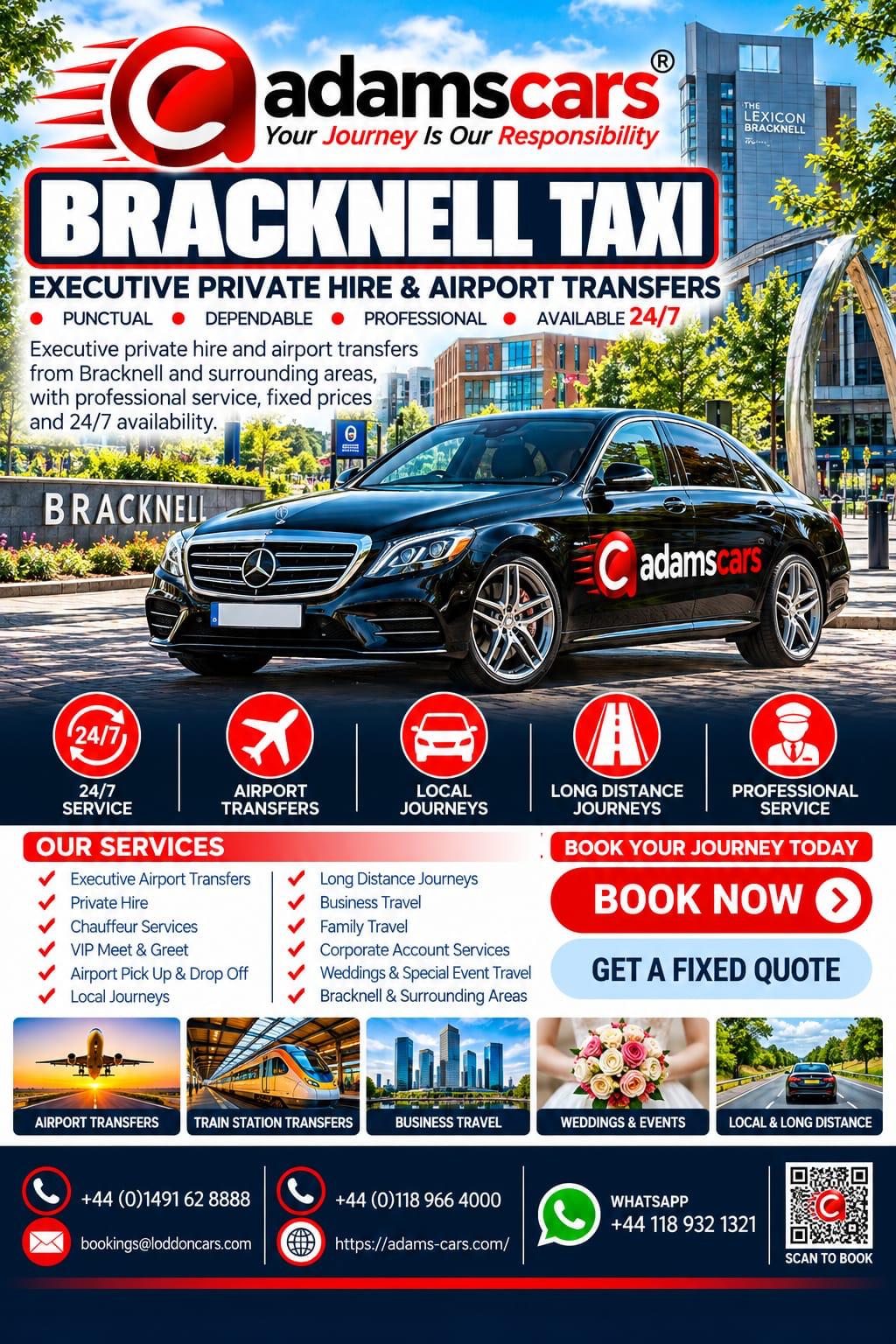 Bracknell taxi service for local journeys and transfers by Adam Cars Taxi Company.