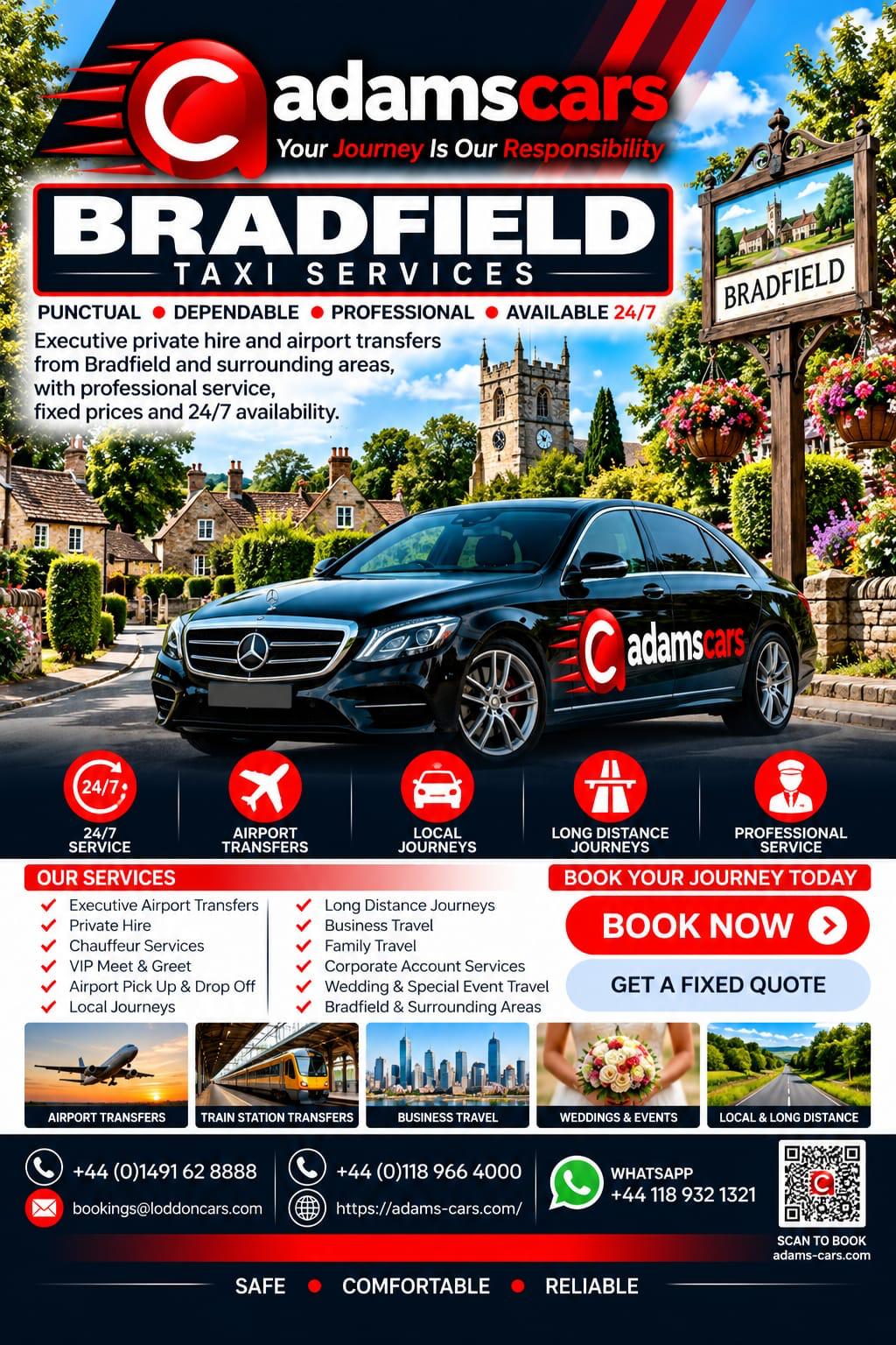 Bradfield taxi service by Adam Cars Taxi Company for local journeys and travel to Reading and nearby Berkshire destinations.