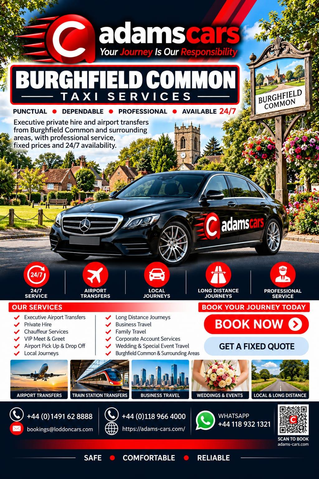 Burghfield Common taxi service by Adam Cars Taxi Company for local journeys and travel to Reading and nearby Berkshire destinations.