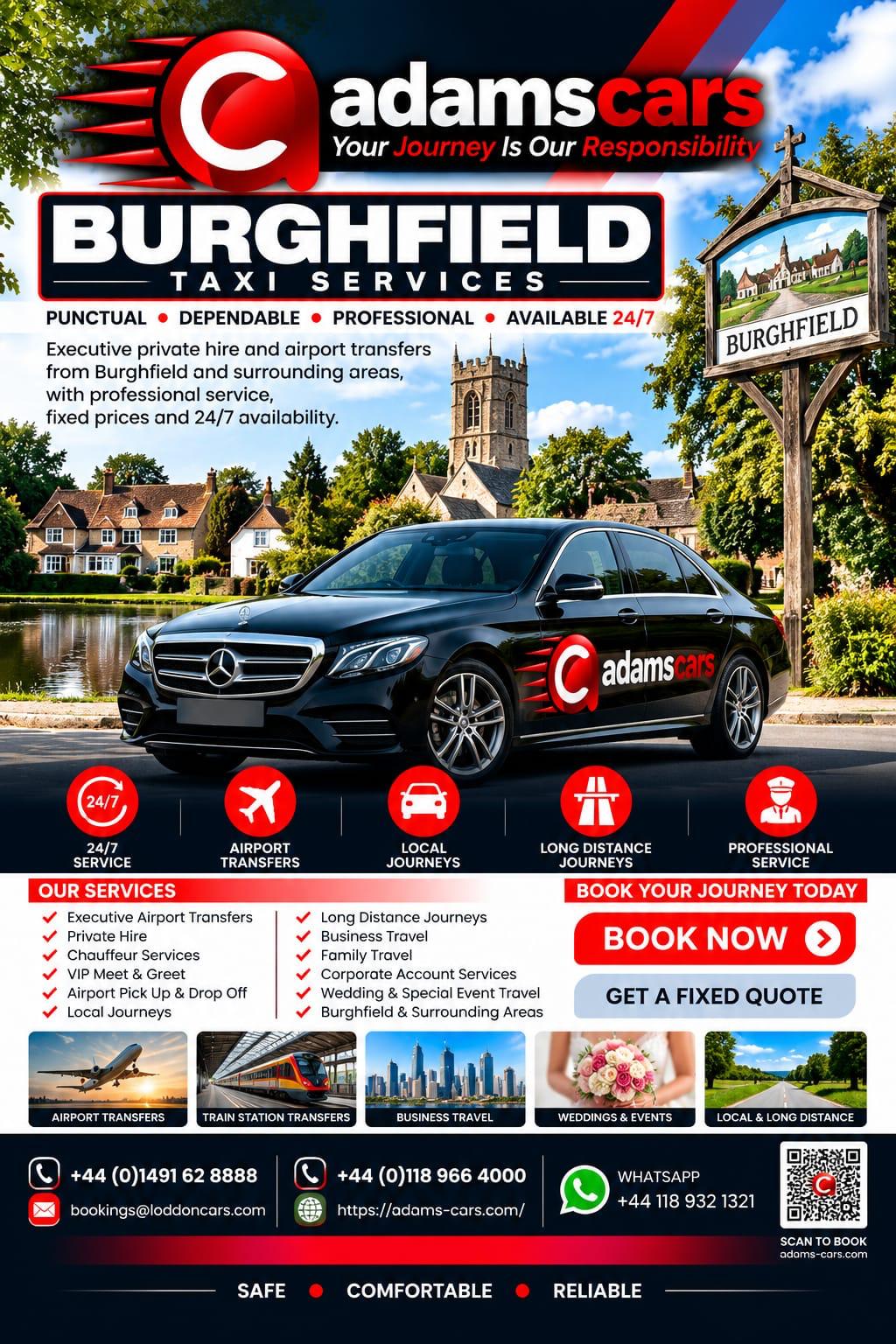 Burghfield taxi service by Adam Cars Taxi Company for local journeys and travel to Reading and nearby Berkshire destinations.