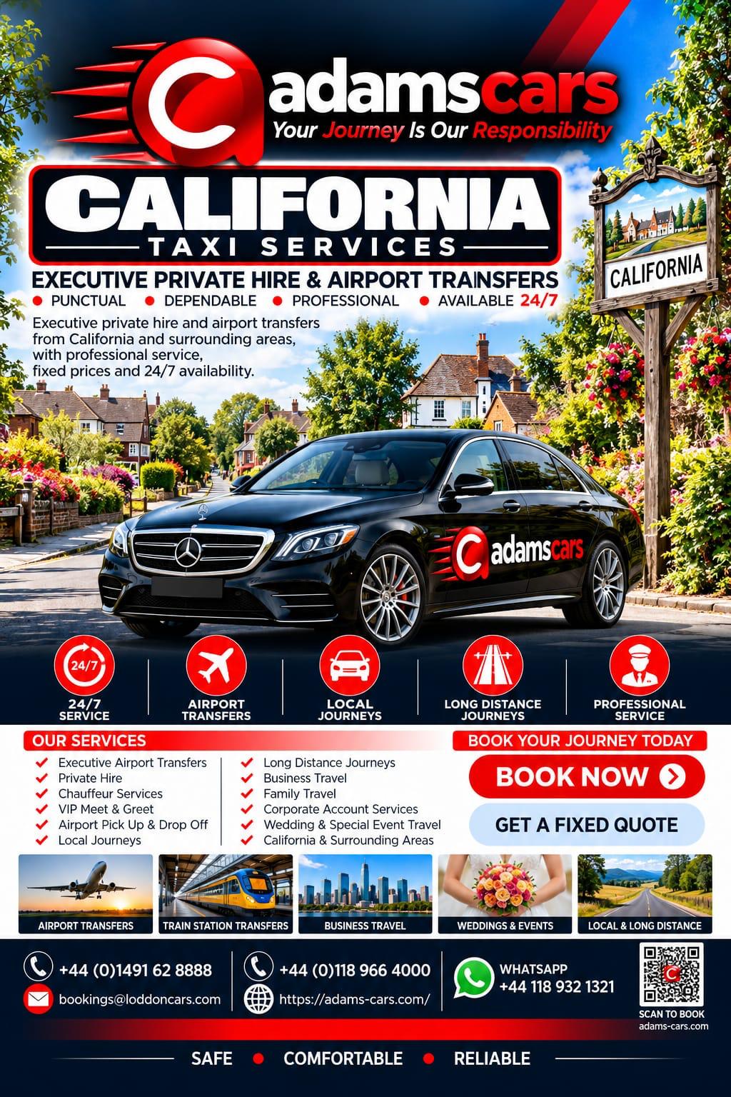 California taxi service by Adam Cars Taxi Company for local journeys and travel to nearby Berkshire destinations.