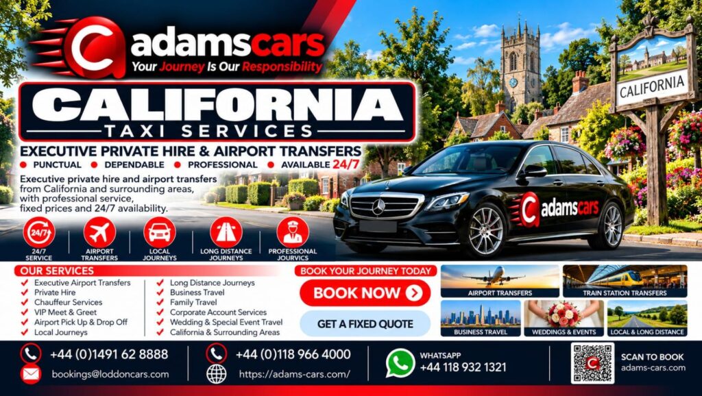 California taxi service by Adam Cars Taxi Company for local journeys and travel to nearby Berkshire destinations.