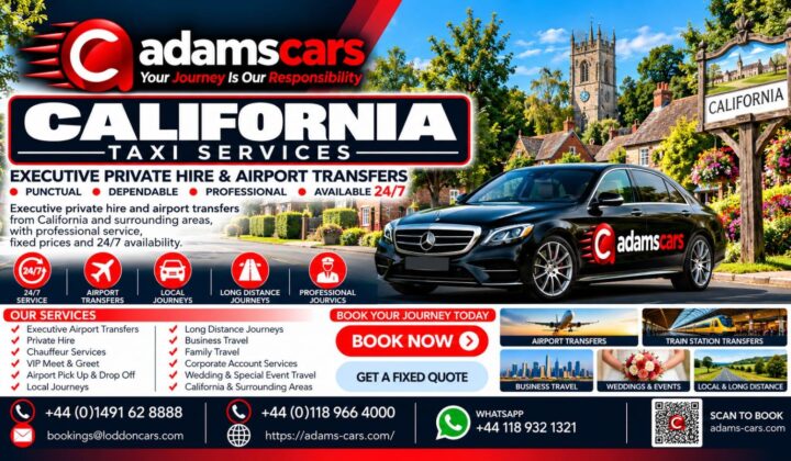 California taxi service by Adam Cars Taxi Company for local journeys and travel to nearby Berkshire destinations.