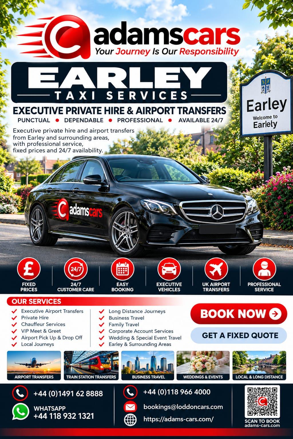 Earley taxi service by Adam Cars Taxi Company for local journeys and travel around Reading.