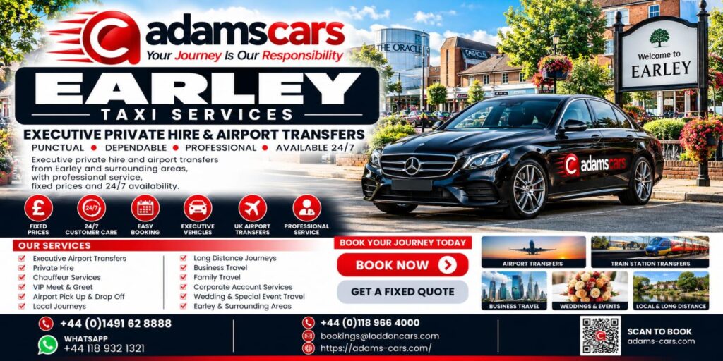 Earley taxi service by Adam Cars Taxi Company for local journeys and travel around Reading.