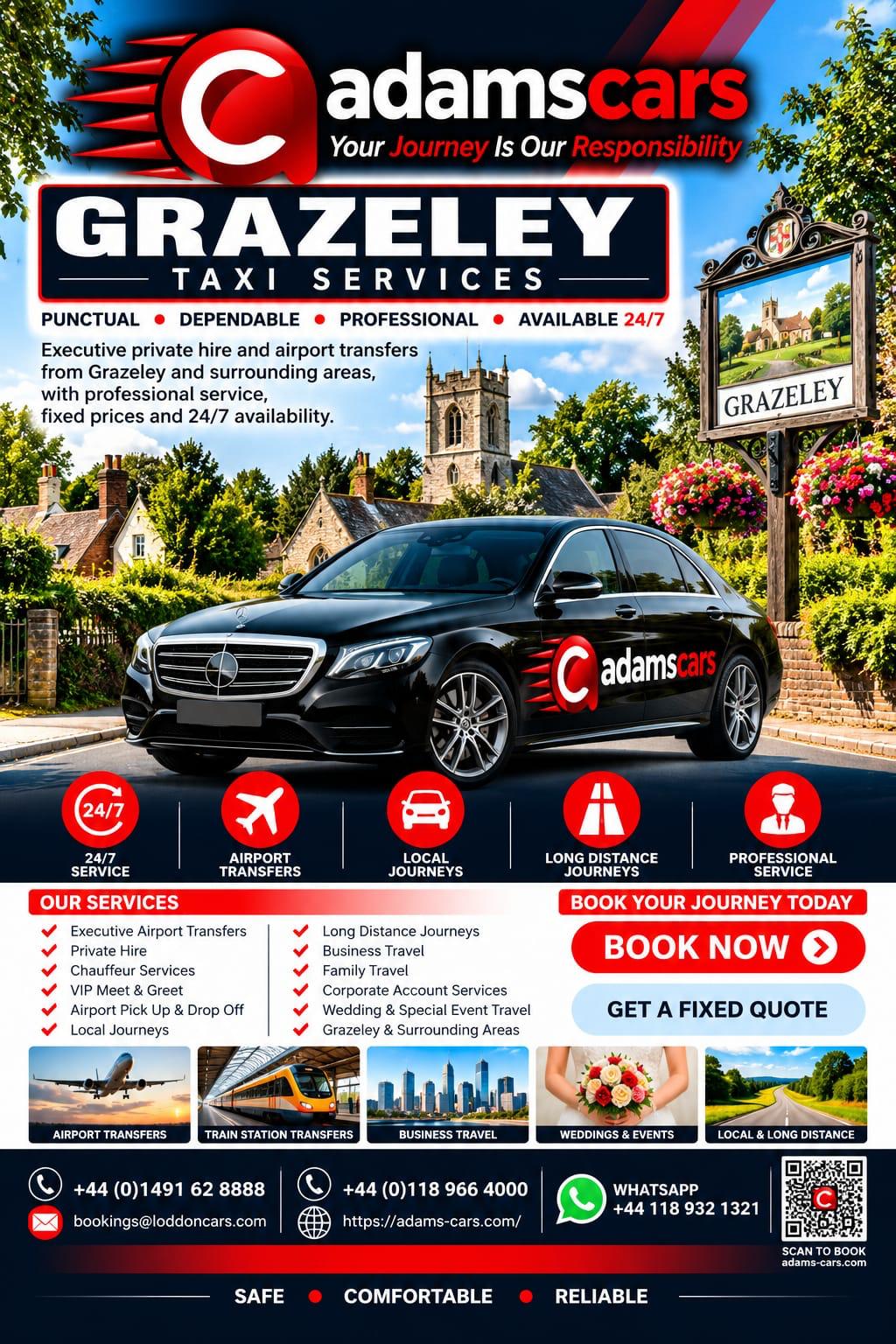 Grazeley taxi service by Adam Cars Taxi Company for local journeys and travel to Reading and nearby Berkshire towns.