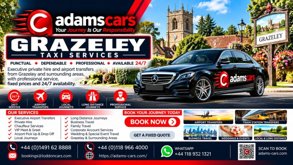 Grazeley taxi service by Adam Cars Taxi Company for local journeys and travel to Reading and nearby Berkshire towns.