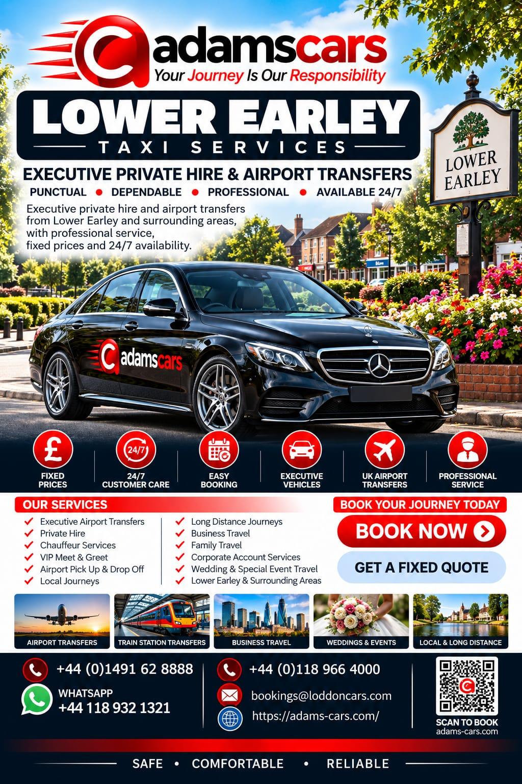 Lower Earley taxi service by Adam Cars Taxi Company for local journeys and travel to Reading.
