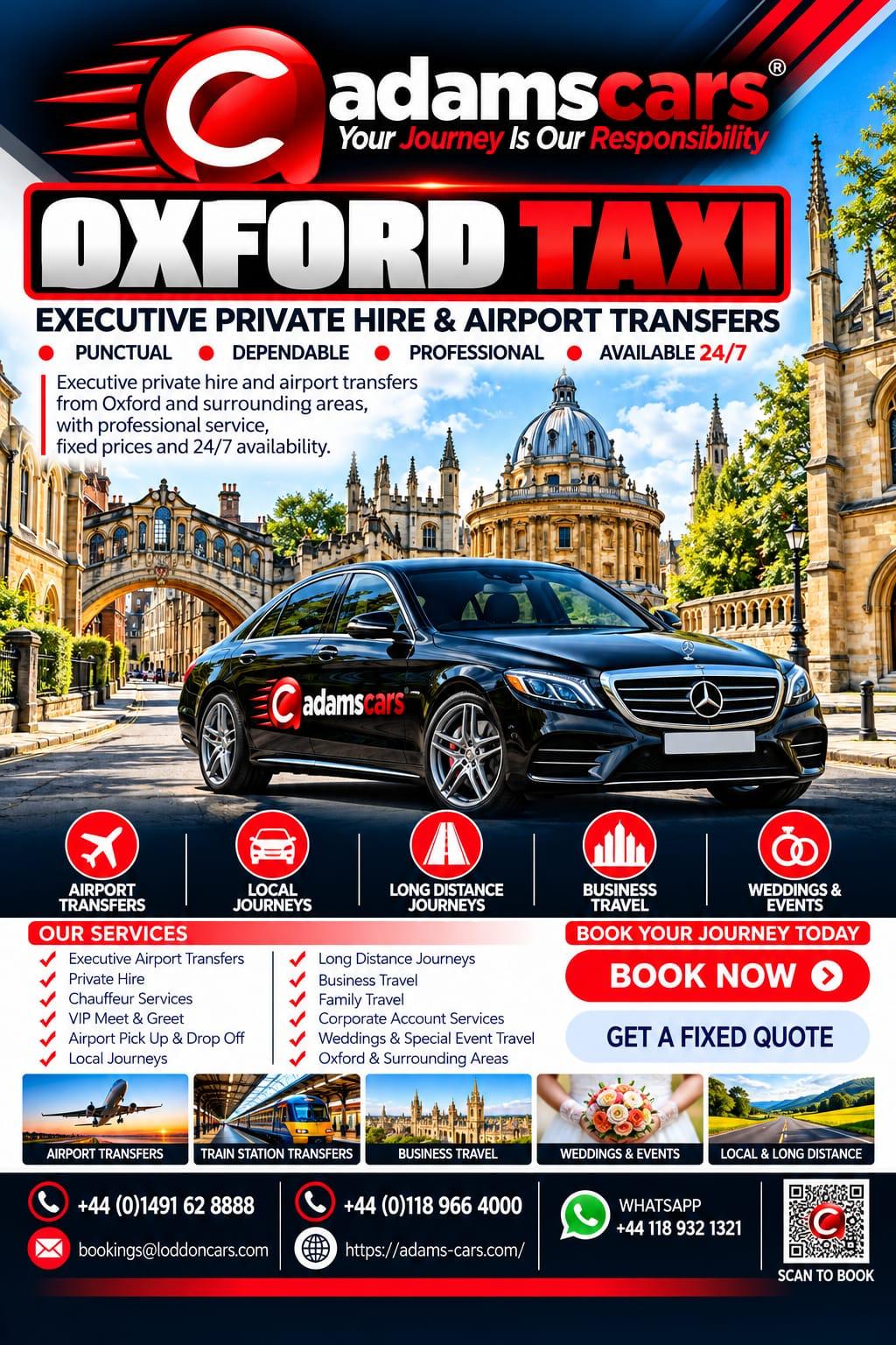 Oxford taxi service for journeys between Reading and Oxford by Adam Cars Taxi Company.