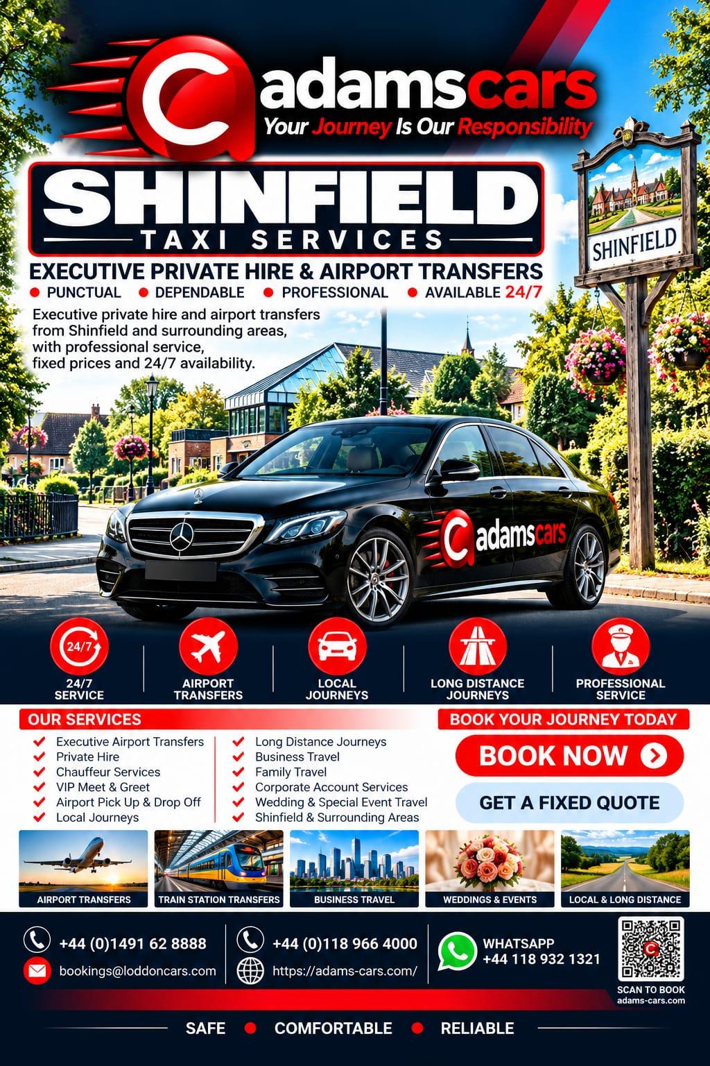 Shinfield taxi service by Adam Cars Taxi Company for local journeys and travel around Reading and Berkshire.