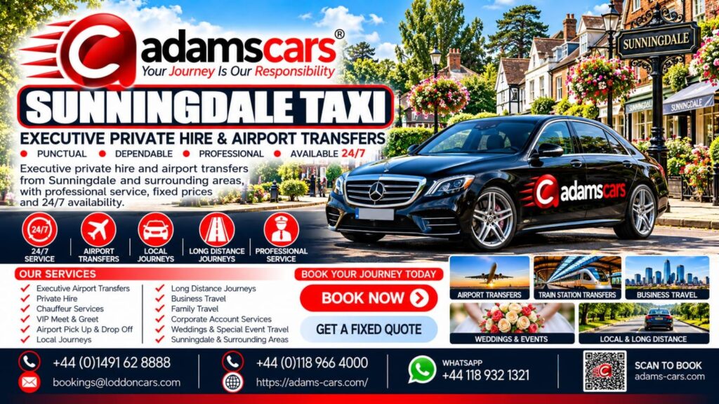 Sunningdale taxi service in Berkshire by Adam Cars Taxi Company.