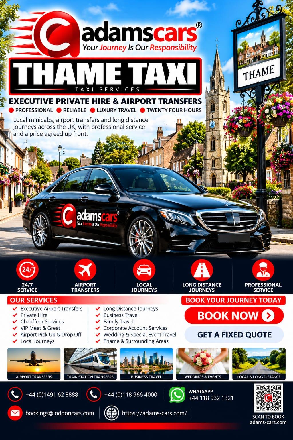 Thame taxi service for local journeys and longer trips by Adam Cars Taxi Company.