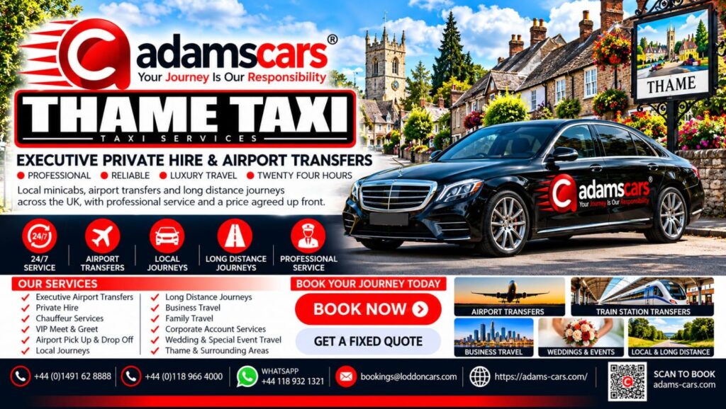 Thame taxi service for local journeys and longer trips by Adam Cars Taxi Company.