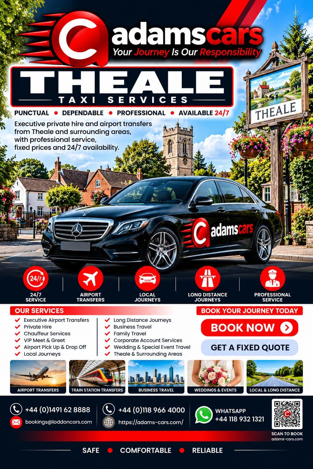 Theale taxi service by Adam Cars Taxi Company for local journeys, railway station transfers and travel to Reading.