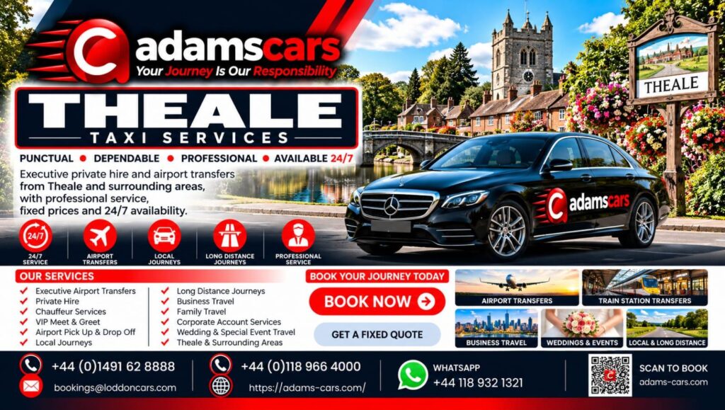 Theale taxi service by Adam Cars Taxi Company for local journeys, railway station transfers and travel to Reading.