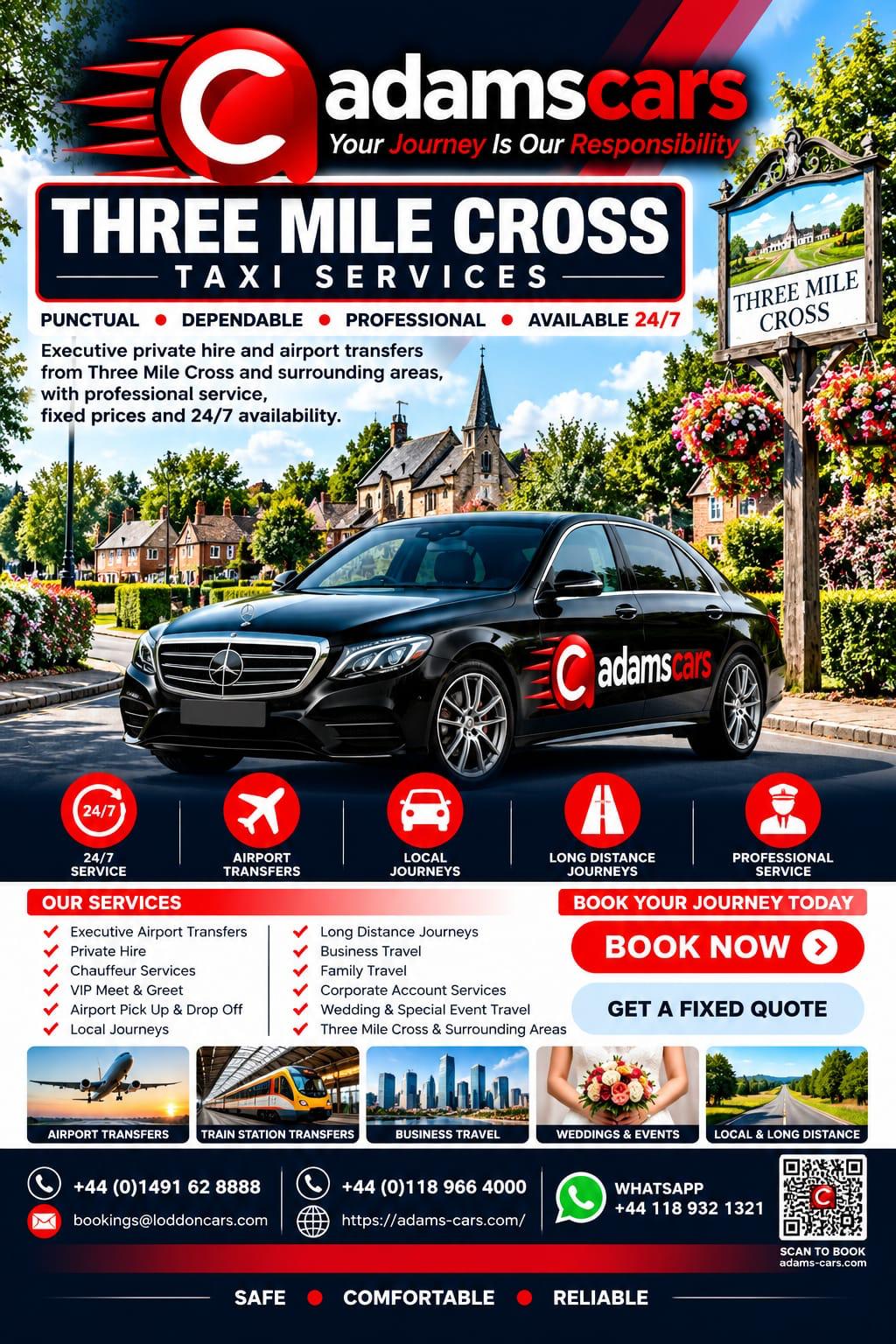 Three Mile Cross taxi service by Adam Cars Taxi Company for local journeys and travel around Reading and Berkshire.