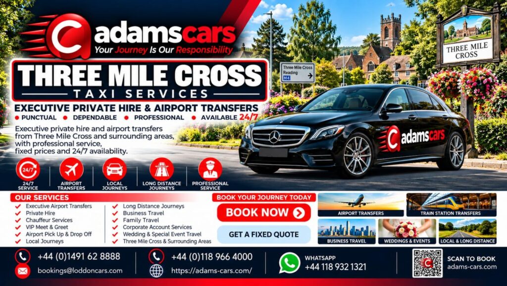 Three Mile Cross taxi service by Adam Cars Taxi Company for local journeys and travel around Reading and Berkshire.