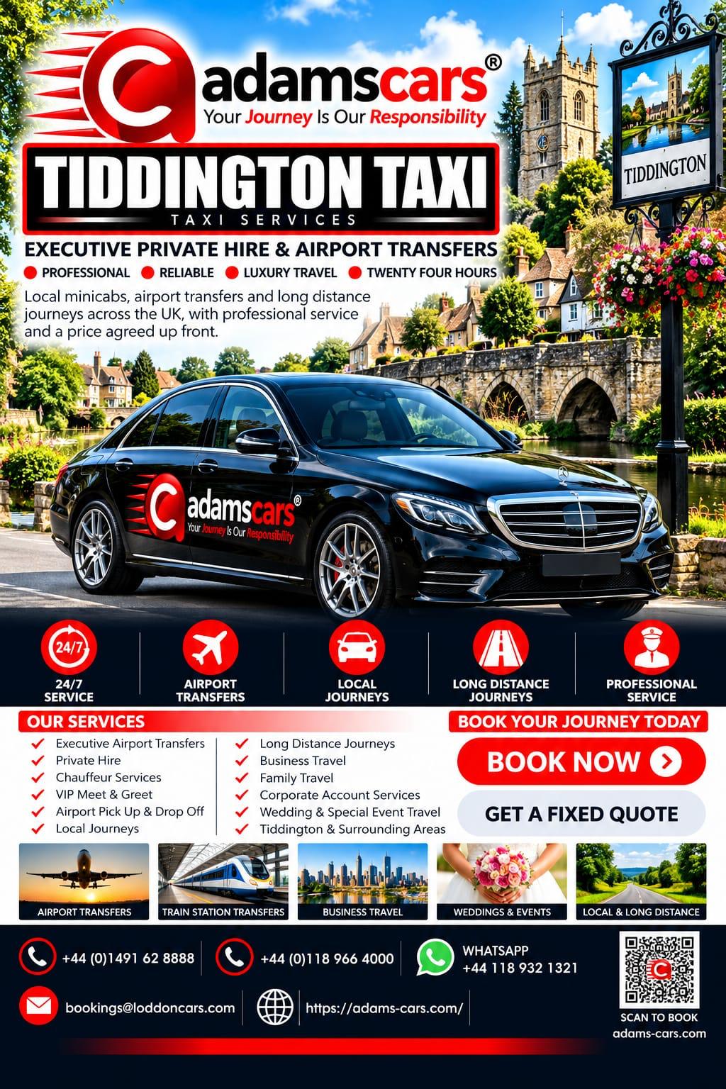 Tiddington taxi service by Adam Cars Taxi Company for local and longer journeys.