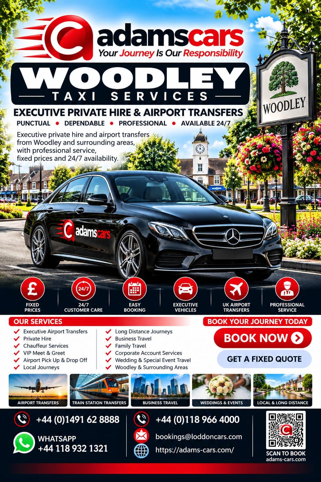 Woodley taxi service by Adam Cars Taxi Company for local journeys and travel around Reading.
